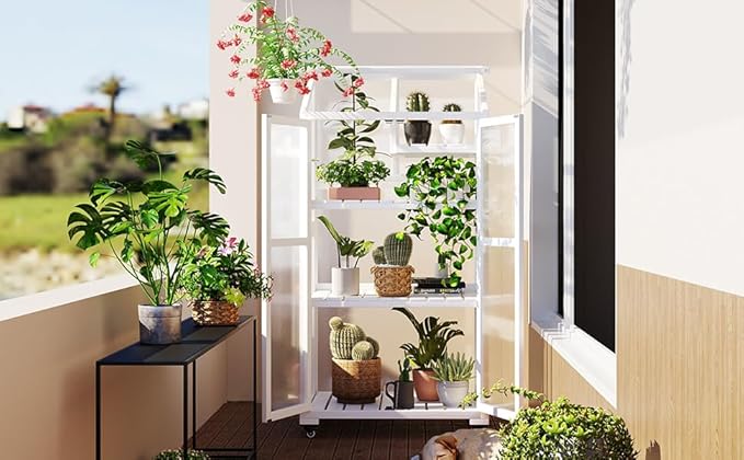 Mini 4-Tier Greenhouse with Locking Wheels, 62 Inch Height Portable Wooden Green House Cold Frame with Adjustable Shelves and Vent, Small Garden House for Outdoor Indoor, White