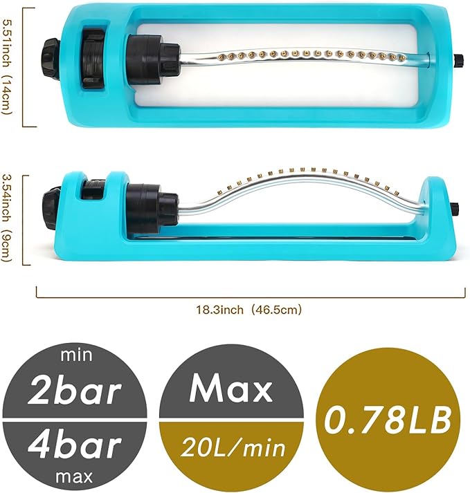 Lawn Sprinkler, Oscillating Sprinkler with 18 Hole Brass Nozzles, Gardening Tool Watering for Lawn & Garden Covers up to 3,600 sq.ft, Nozzle Cleaning Tool Build on the End of the Product, Blue