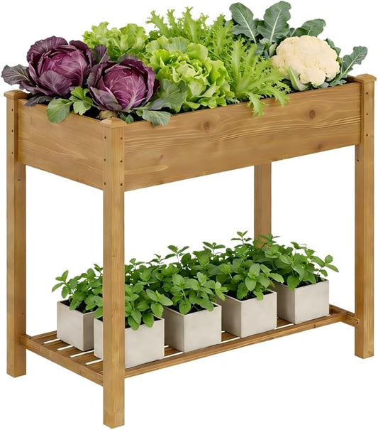 Raised Garden Bed with Legs, Wooden Raised Garden Bed with Storage Shelf, 34x18x30.7in, Elevated Wood Planter Box for Vegetables Flowers Herbs, Garden Planter for Backyard Patio Balcony (Brown, S)