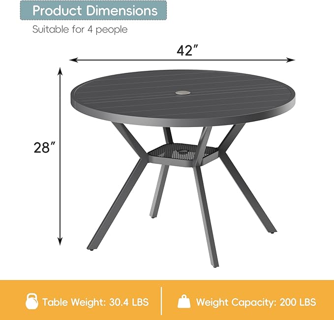 42" Outdoor Patio Table Dining Table, All Weather Metal Round Patio Table with Adjustable Umbrella Hole, Patio Furniture for Lawn Garden Backyard, Grey