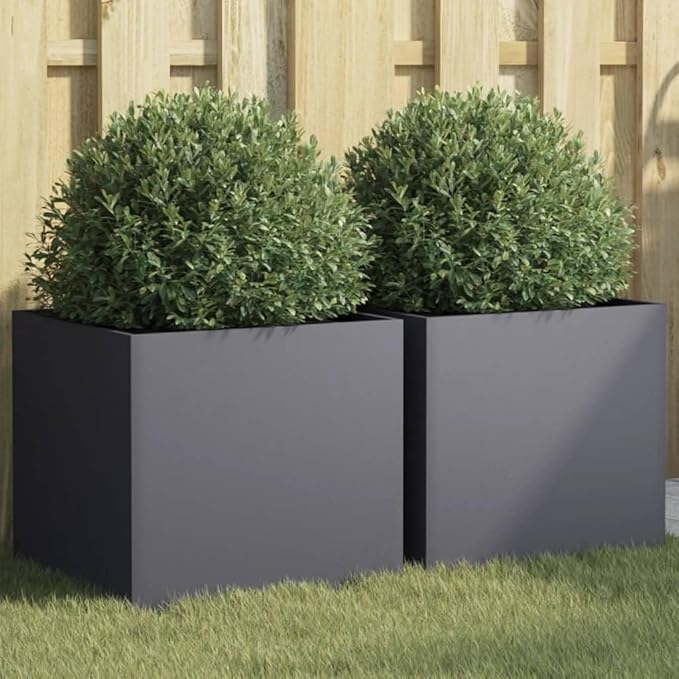 Set of 2 Anthracite Cold-Rolled Steel Modern Planters for Indoor Outdoor Use with Matte Finish and Durable Construction