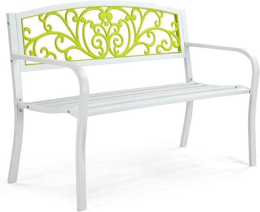 Outvita Outdoor Bench, 50" Metal Frame Garden Bench Patio Porch Furniture with Plastic Floral Design Backrest Powder-Coated Chair Yard Entryway Deck Furniture(White & Yellow)