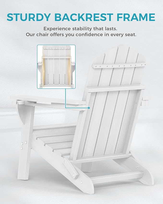 Adirondack Chairs Set of 2, Wood Texture Fire Pit Chairs, Plastic Adirondack Chairs with 2 Cup Holder, Outdoor Lawn Chair for Patio Garden, White