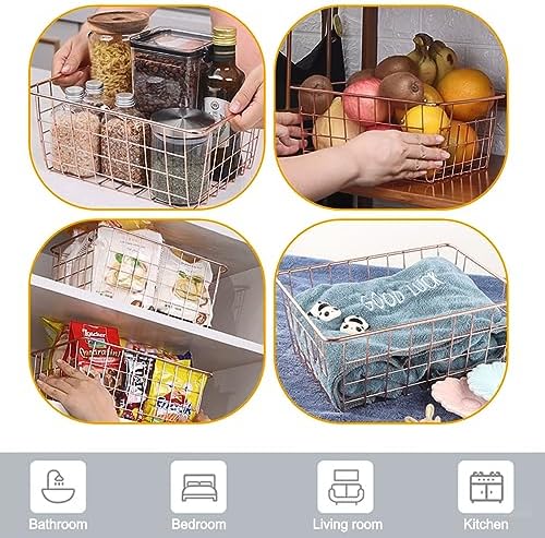 4 Pack Wire Baskets for Pantry Metal Wire Freezer Organizer Bins with Handles, Metal Basket Rose Gold Wire Baskets for Storage Organizing Office, Kitchen Cabinets, Bathroom, Countertop