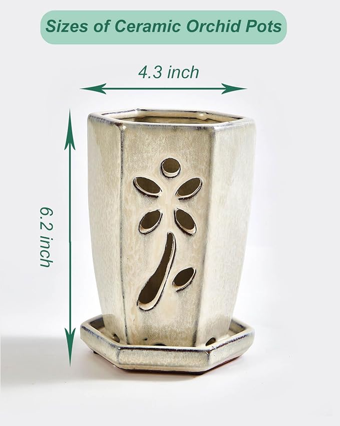 vensovo 4 Inch Ceramic Orchid Pot with Holes and Attached Saucer, Small Hexagon Orchid Planter for Repotting, Promotes Air Circulation and Drainage for Healthy Roots, Indoor Outdoor, Milk White