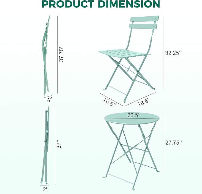 Grand patio 3-piece Steel Foldable Bistro Set, 2 Chairs and 1 Table, Weather-Resistant Outdoor/Indoor Conversation Set for Patio, Yard, Garden-Macaron Blue