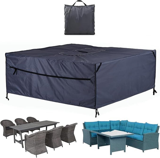 Patio Furniture Covers Waterproof - 420D Outdoor Table and Chair Set Cover with Built-in Storage Bag - Rectangular Patio Table Cover for 6-Seat Dining Set or Sectional Sofa - Darkgrey