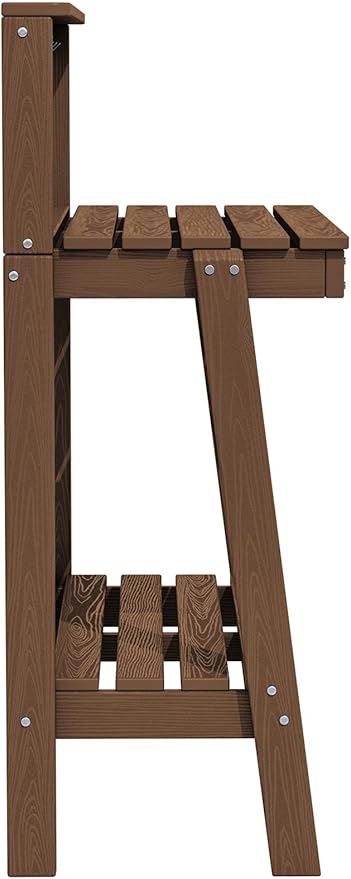 SERWALL Potting Bench Outdoor with Storage, 3-Tier HDPE Gardening Table with Angled Legs & Tool Hooks, All-Weather Heavy Duty Potting Table for Patio, Backyard, Garden, Brown