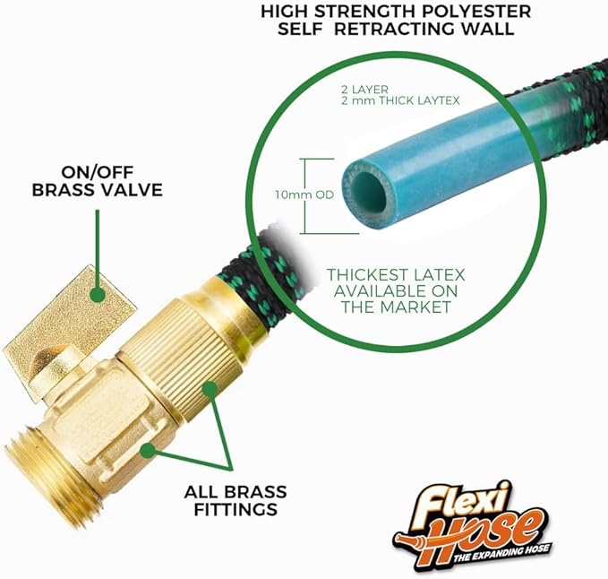 Flexi Hose with 8 Function Nozzle, 75FT - Lightweight Expandable Garden Hose, No-Kink Flexibility, 3/4 Inch Solid Brass Fittings and Double Latex Core - Green