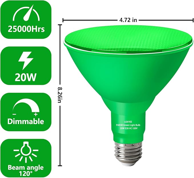 PAR38 Flood Green Light Bulbs,4 Pack Dimmable,E26 Base Green Flood Light Outoor(20W Replace to 200W),Halloween Light Bulb for Outside,Christmas,Holiday Lighting