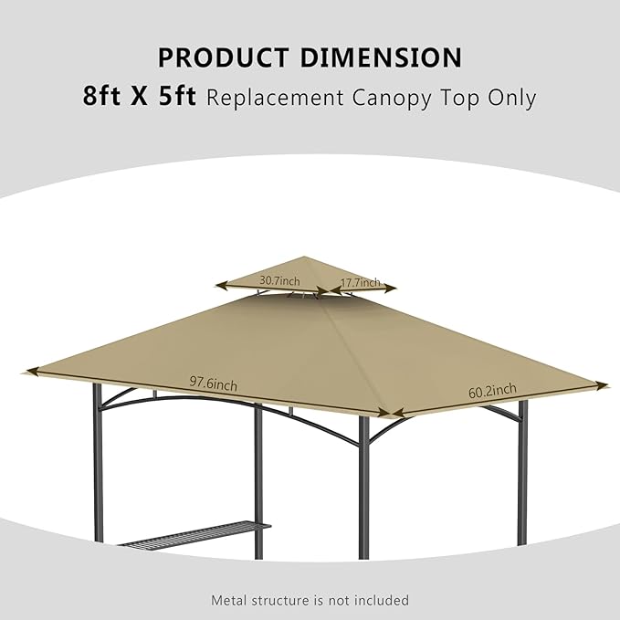 Grill Gazebo Replacement Canopy Top Only - 5' x 8' Outdoor BBQ Gazebo Canopy Roof, Waterproof Double Tiered Shelter Cover Fit for Model L-GG001PST-F (Khaki, 5x8)