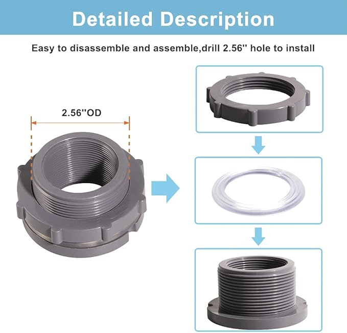 Ququyi 1.5 Inch PVC Bulkhead Water Tank Connector Adapter Fitting with Plugs Thru-Bulk Pipe Fitting for Rain Barrels, Aquariums, Ponds(Set of 2)