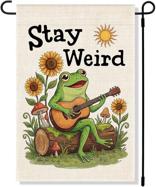 RZHV Stay Weird Double-Sided Garden Flag for Outdoor House Yard Sign Garden Decor Parade, Funny Frog Playing Guitar Sun Vertical Flag, Diversity Inclusive Outdoor Lawn House Patio Banner Decoration