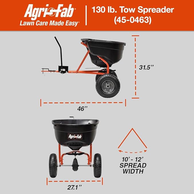 Agri-Fab 45-0463 Pull Behind Broadcast Spreader,130 lb. Hopper Capacity Designed for Seed, Fertilizer, Salt, Ice Melt with Universal Hitch,12 ft. Spread Width for Riding Lawn Mowers and Lawn Tractors