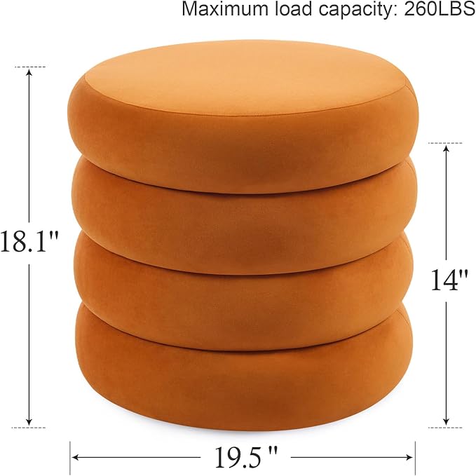 Flouki 19.5" Storage Ottoman Round, Vanity Stools for Bedroom, Entryway Ottoman for Console Table, Ottoman Stool for Girls Women, Foot Stool for Living Room, Set of 2, Velvet Orange