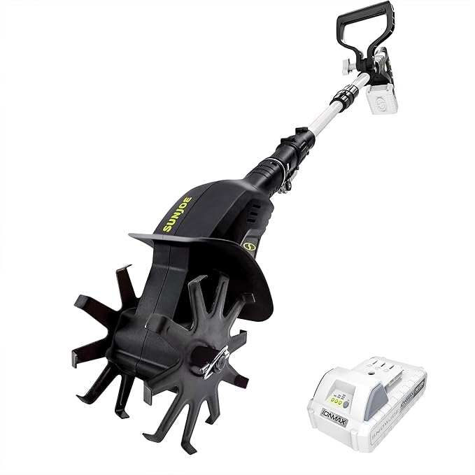 Sun Joe 24V-TLR-LTE-A 24V Cordless IONMAX Garden Tiller and Cultivator, 150W Motor, Dual 6-Inch Steel Tilling Tines, Charger and Battery Included