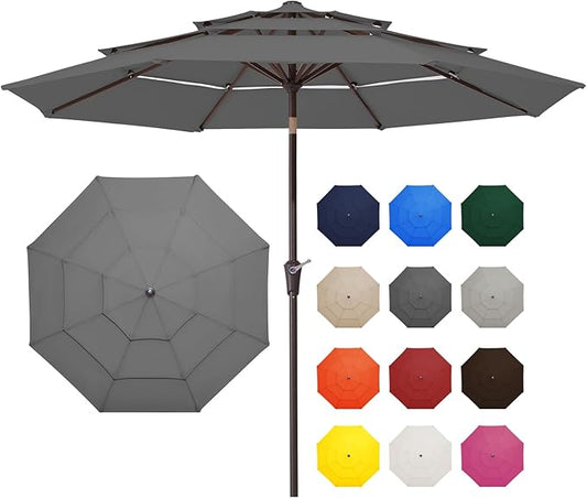 JEAREY 9FT 3 Tier Patio Umbrella Outdoor Market Umbrella Table Umbrellas with 8 Ribs 1.5 Pole Push Button Tilt and Crank UV Protection for Garden,Backyard,Gray