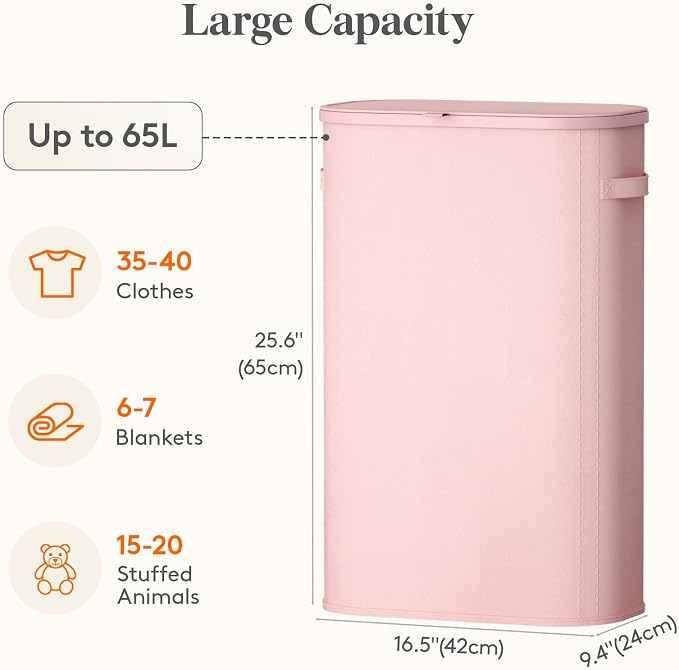 Lifewit Slim Laundry Basket with Lid and Removable Bag, 65L, Pink | Collapsible Narrow Laundry Hamper, Skinny Washing Basket with Plastic Frame, Dirty Clothes Organiser for Laundry, RV, Dorm
