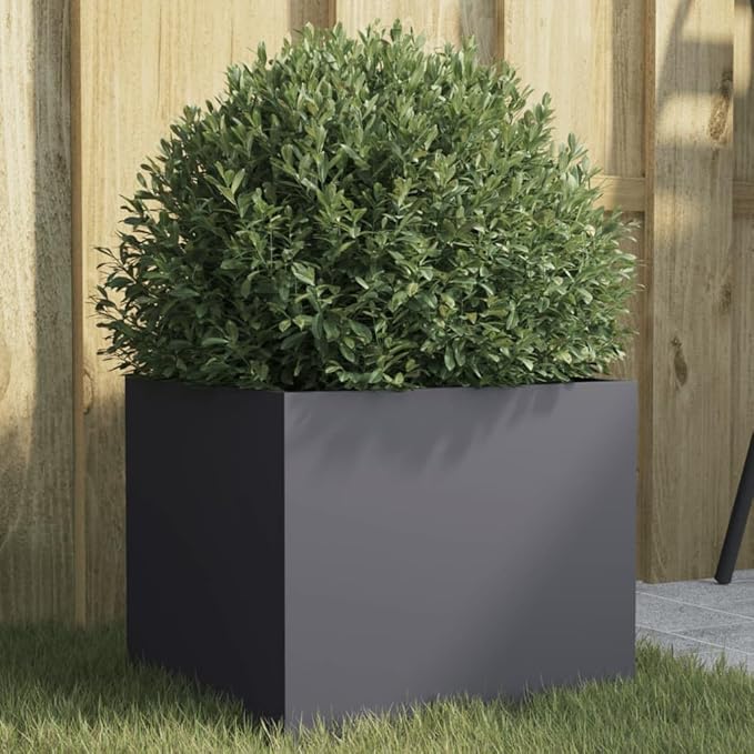 Modern Anthracite Metal Planter with Cold-Rolled Steel Frame and Matte Finish for Outdoor Plants, Efficient Drainage Design, Durable Decorative Inlays for Patio Garden