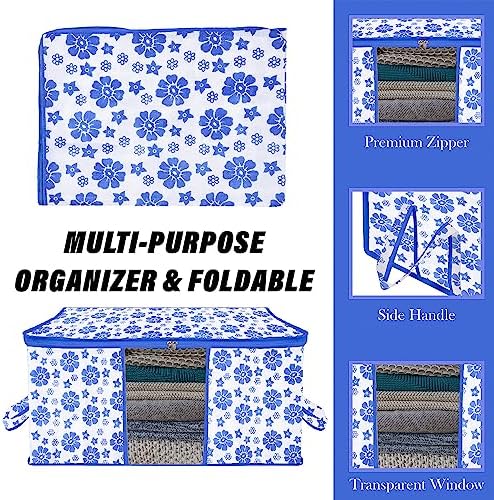 Kuber Industries Underbed Storage Bag | Clothes Storage Organizer | Blanket Cover with Clear Window | Zipper Closure & Handle Cloth Organizer | Flower-Design | Large | Pack of 3 | Blue