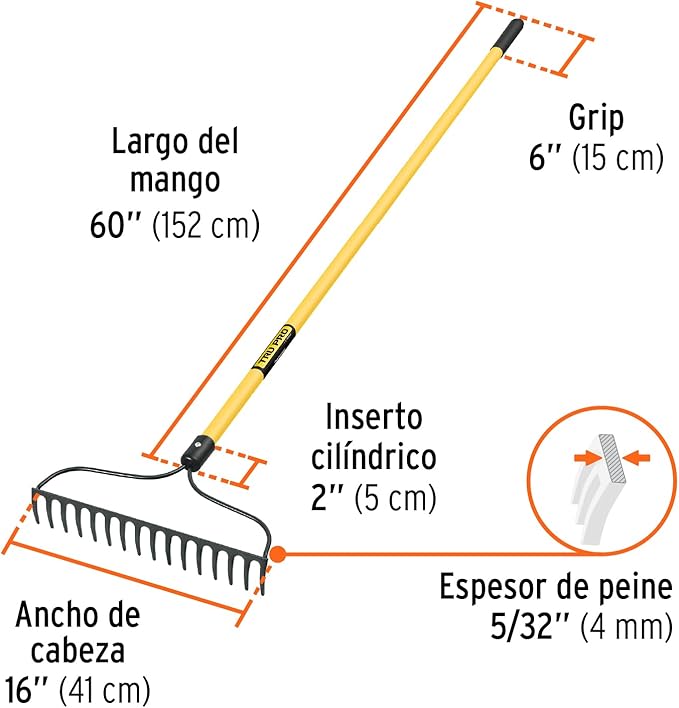 Truper Garden Rake, Fiberglass Handle, 16 Tines, 16 inch Head, 60 inch Length