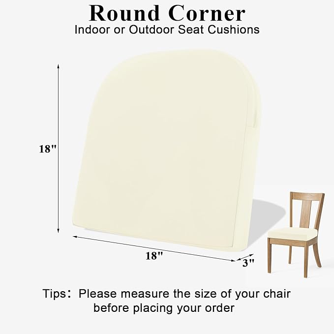 Topotdor Outdoor Chair Cushions for Patio Furniture,Waterproof Patio Chair Cushions Set of 2,Indoor/Outdoor Round Corner Chair Seat Cushion with Ties,18"x18"x3" Cream