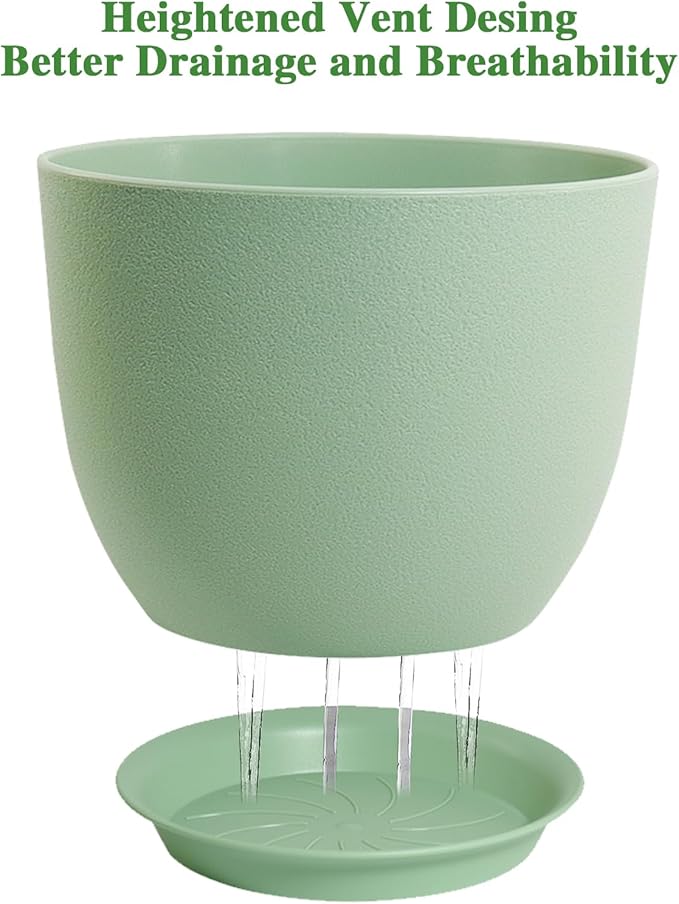 UOUZ 12inch Large Plant Pot, Modern Plastic Planter with High Driange Holes and Saucer for Indoor Outdoor Garden Plants and Flowers, Green