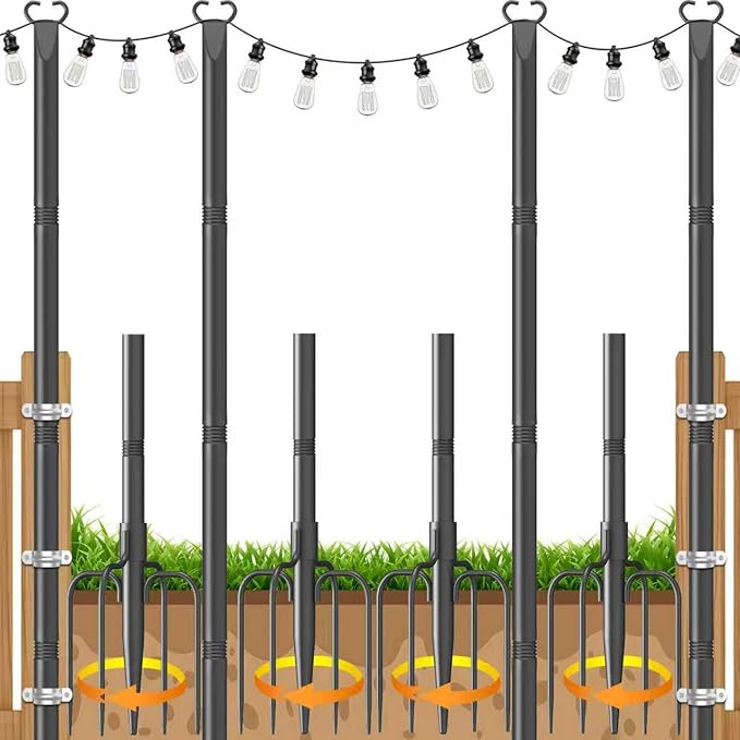 10Ft String Light Poles 4 Pack,Poles for Outdoor String Lights with Fork and Fence Clamp,Hanging Lights Metal Stand Post for Deck Patio Backyard Garden Decorations