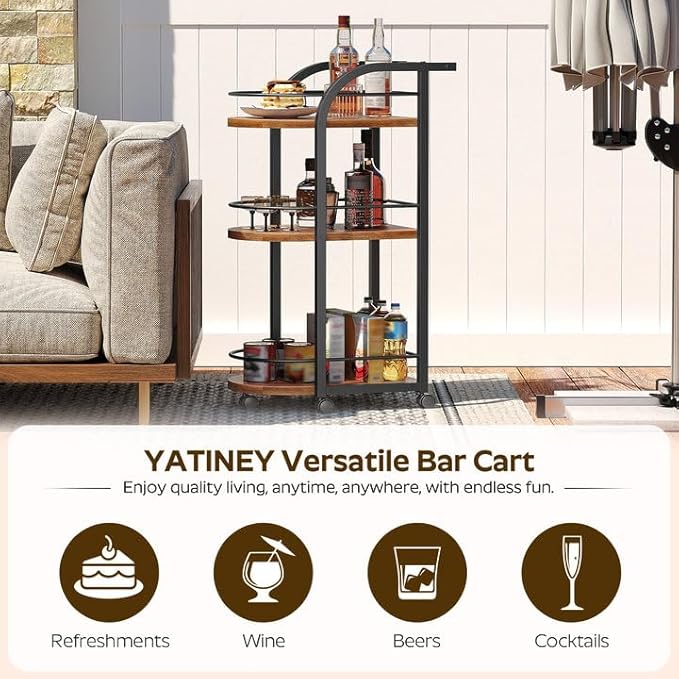 YATINEY 3-Tier Bar Cart, Home Bar Serving Cart with Fence and Wheels, for Dining Room, Living Room, Garden, Party, Rustic Brown and Black BC06BR