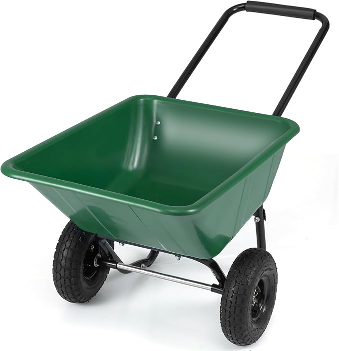 Giantex Dual-Wheel Wheelbarrow, Heavy-Duty Garden Utility Cart with Built-in Stand, Pneumatic Tires, 330 Lbs Capacity, Foldable Handle, 21 Gal Dump Cart for Yard Lawn Moving Soil, Garden (Green)