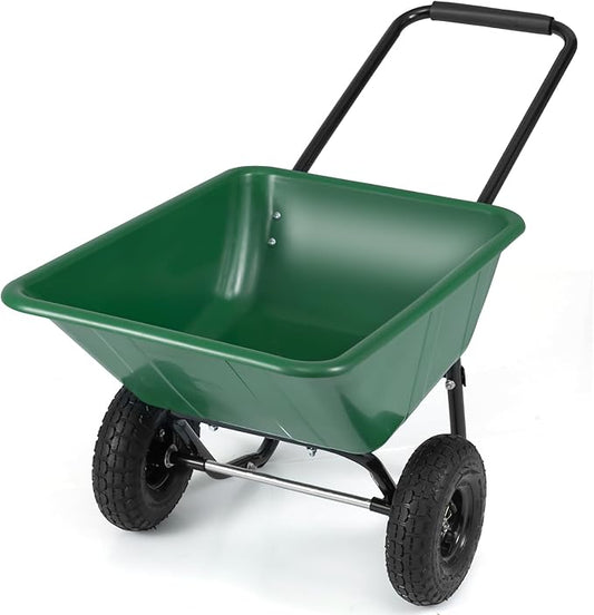Giantex Dual-Wheel Wheelbarrow, Heavy-Duty Garden Utility Cart with Built-in Stand, Pneumatic Tires, 330 Lbs Capacity, Foldable Handle, 21 Gal Dump Cart for Yard Lawn Moving Soil, Garden (Green)