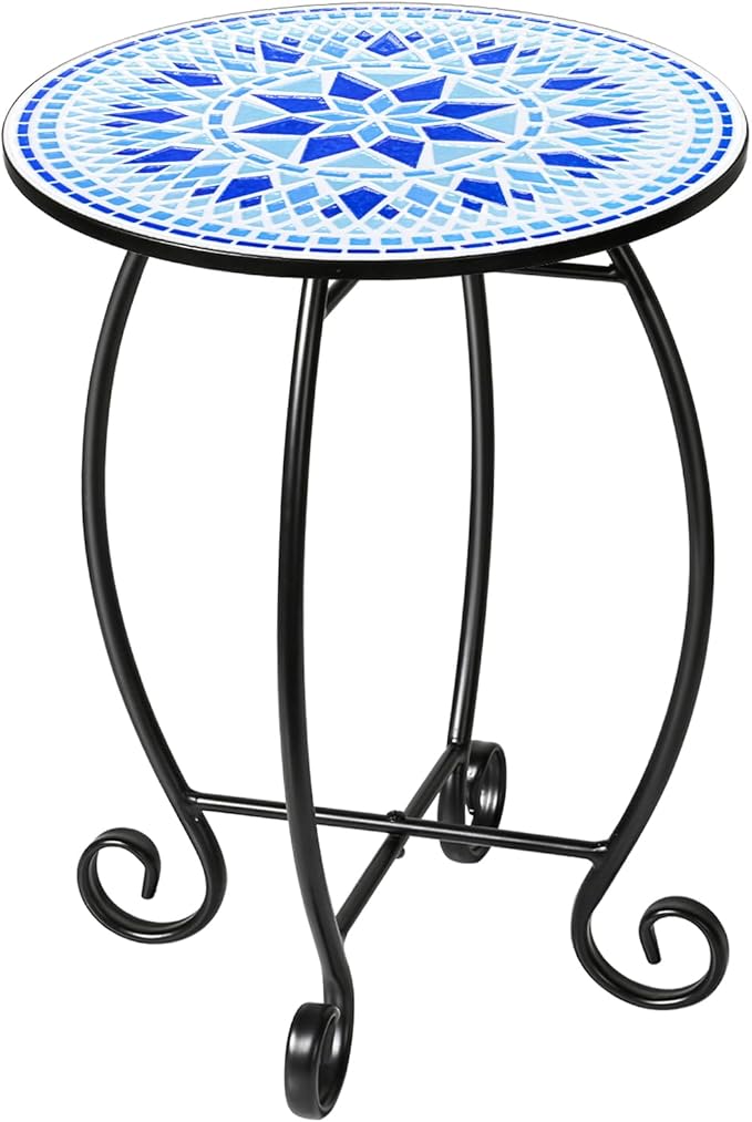 14" Round Outdoor Side Table, Metal Scrollwork Accent End Table with Unique Relief Ceramic Tile Tabletop, Coffee Tea Table Nightstand for Living Room, Bedroom