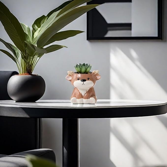 Cute Animal Ceramic Succulent Planters, Small Bonsai Planter, Aloe Cactus Succulent Plant Pots with Drainage Indoor Outdoor Use for Office Home Garden Decoration, Plants Not Included (Deer)
