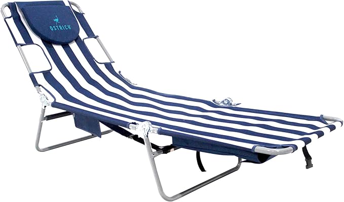 Ostrich Beach Lounge Chair, Folding & Reclining Outdoor Chaise Lounger, Blue/White Striped - Portable Adjustable Recliner Chair for Lawn, Pool, Patio, Garden, and Yard