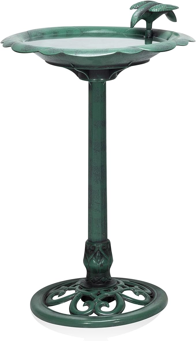 Alpine Corporation 31" Tall Outdoor Antique Flower Birdbath with Bird Decoration Yard Statue, Durable Polypropylene Construction for Patio, Deck, or Yard, Green