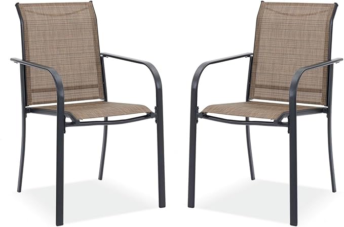 DIFY Patio Chairs Set of 2, Stackable Textilene Outdoor Dining Chairs with Metal Frame, All Weather Outdoor Chairs Set for Backyard Garden Deck Poolside, Brown