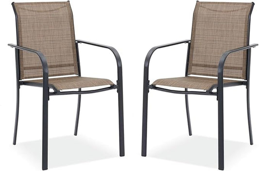DIFY Patio Chairs Set of 2, Stackable Textilene Outdoor Dining Chairs with Metal Frame, All Weather Outdoor Chairs Set for Backyard Garden Deck Poolside, Brown