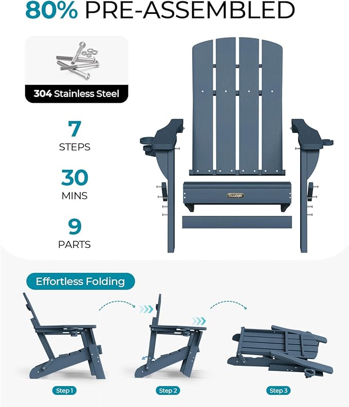 Folding Adirondack Chair 6 Pack, HDPE All-Weather Fire Pit Chairs, Plastic Adirondack Chairs with 2 Cup Holder, Outdoor Lawn Chair for Patio Garden (New Blue)