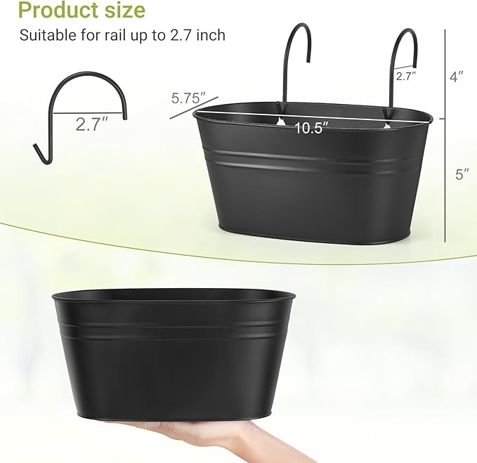 Dahey 3 Pcs Metal Hanging Flower Pots for Railing Fence 10.6 Inch Wall Planters for Indoor Plants Outdoor Countryside Window Flower Holder with Hooks Drainage Holes for Garden Yard Home Decor, Black
