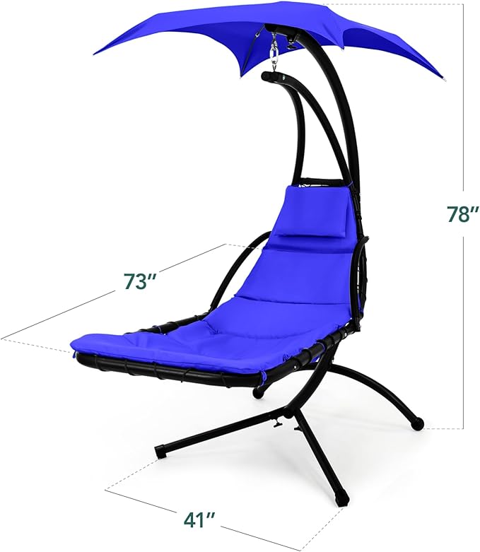 Best Choice Products Hanging LED-Lit Curved Chaise Lounge Chair Swing for Backyard, Patio, Lawn w/ 3 Light Settings, Weather-Resistant Pillow, Removable Canopy Shade, Steel Stand - Resort Blue
