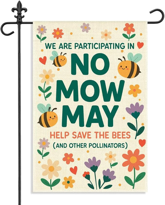 We are Participating in No Mow May Help Save the Bees Garden Flag, 12 x 18 Inch Double Sided Bee Floral Outdoor Yard Decor, Save The Bees Yard Sign for Beekeeper Pollinator Advocate Gardener