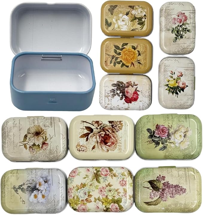 8Pcs Mini Flower Tin Trinket Jewelry Organizer Storage Box Decorative Boxes Small Metal Tins with Hinged Lids Portable Box Containers Small Storage Kit,Mothers Day Gifts for Wife