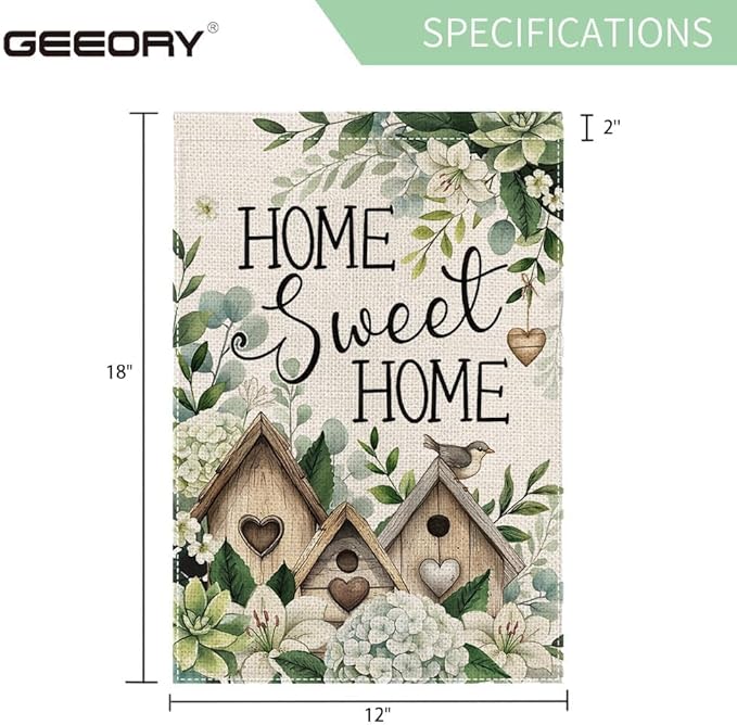 GEEORY Home Sweet Home Garden Flag 12x18 Inch, Hydrangea Eucalyptus Double Sided Spring Summer Decor, Farmhouse Rustic Outdoor Floral Flag Outside Yard Lawn Decoration