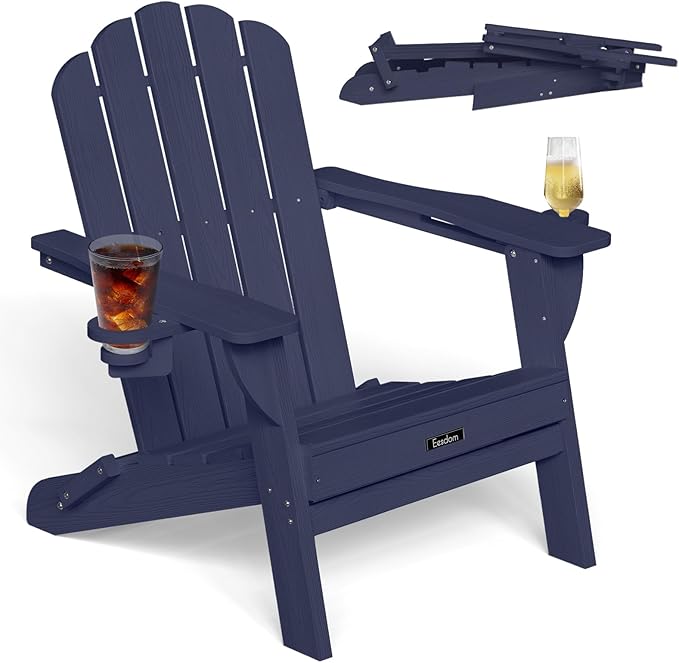 Adirondack Chair, HDPE Material Fire Pit Chairs, Plastic Adirondack Chairs with 2 Cup Holder, Outdoor Lawn Chair for Patio Garden, Dark NavyBlue
