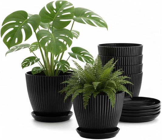 RooTrimmer 7.5 Inch Black Thickened Plastic Plant Pots with Saucers, 6-Pack Modern Seedling Planters for Indoor Outdoor Plants, Durable Heavy-Duty PP Material for Herbs Flowers Vegetables (＜8 inch)