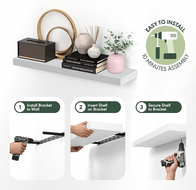 Furinno Tanna Floating Shelves for Wall, 12 x 35 Wall Shelf, Single Set Wall Mounted Floating Shelf with Invisible Bracket, 2-Inch Thick, for Bathroom, Living Room, Bedroom, Home Office, White