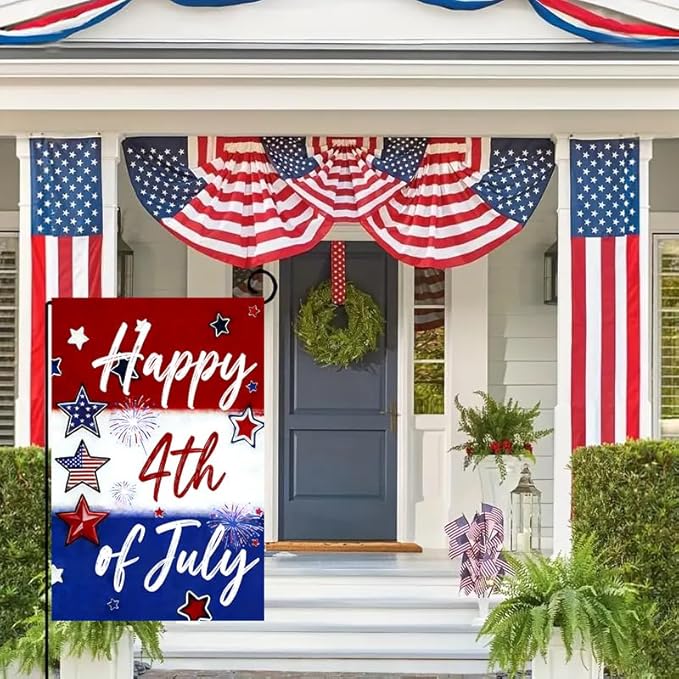 Happy 4th of July Fireworks Star Garden Flag 12x18 Double Sided, Small Burlap Holiday Independence Day Memorial Day Patriotic Yard Flags for Outside Fourth of July Decoration Outdoor Garden Décor