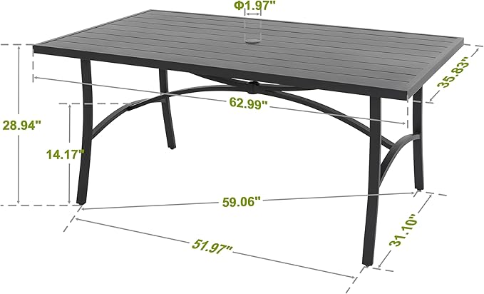 NUU GARDEN 63" Aluminum Slat Top Outdoor Patio Dining Table, 6-8 Person Rectangle Aluminum Bistro Table with 1.97" Umbrella Hole, Powder Coated Frame Dining Tables for Backyard Garden, Black
