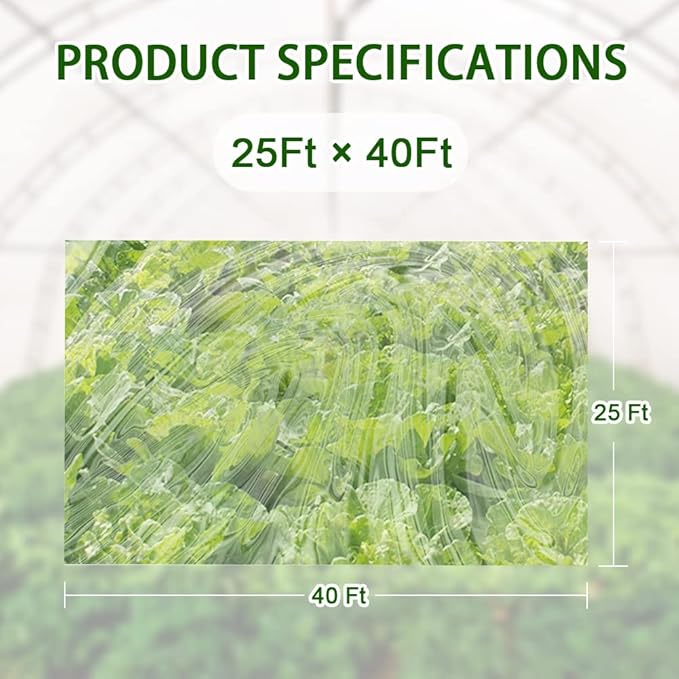 LSGCQ 6 mil Greenhouse Plastic Film Sheeting Cover 25 x 40 Ft UV Resistant Clear Polyethylene Film Green House Hoop Farm Plastic Cover for Gardening, Farming, Agriculture