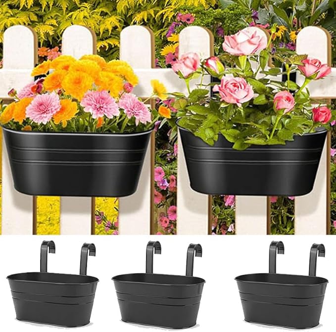 10.6" Oval Iron Hanging Flower Pots - Rust-Resistant Metal Planters with Detachable Hooks for Garden, Yard & Home Decor (Black，3 PCS)